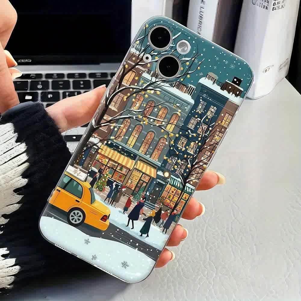 Winter Cityscape Pattern Transparent Space Full Cover TPU Mobile Phone Case Suitable for iPhone16 15 14 13 12 11 promax xr