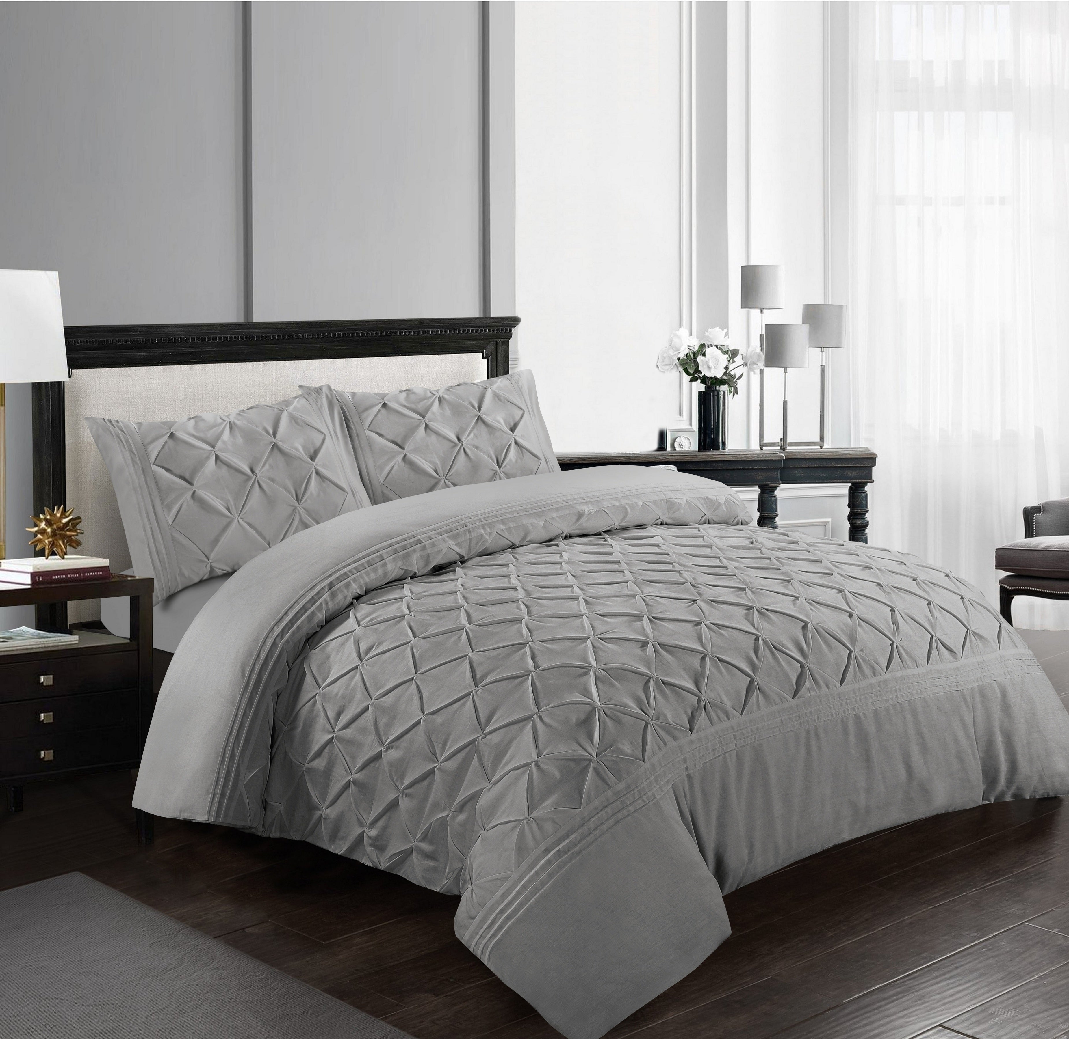 Luxury Pintuck Duvet Cover Set Double King Super King Soft Microfiber Pinch Pleat Bedding Set with Pillowcases White Silver Charcoal Pink