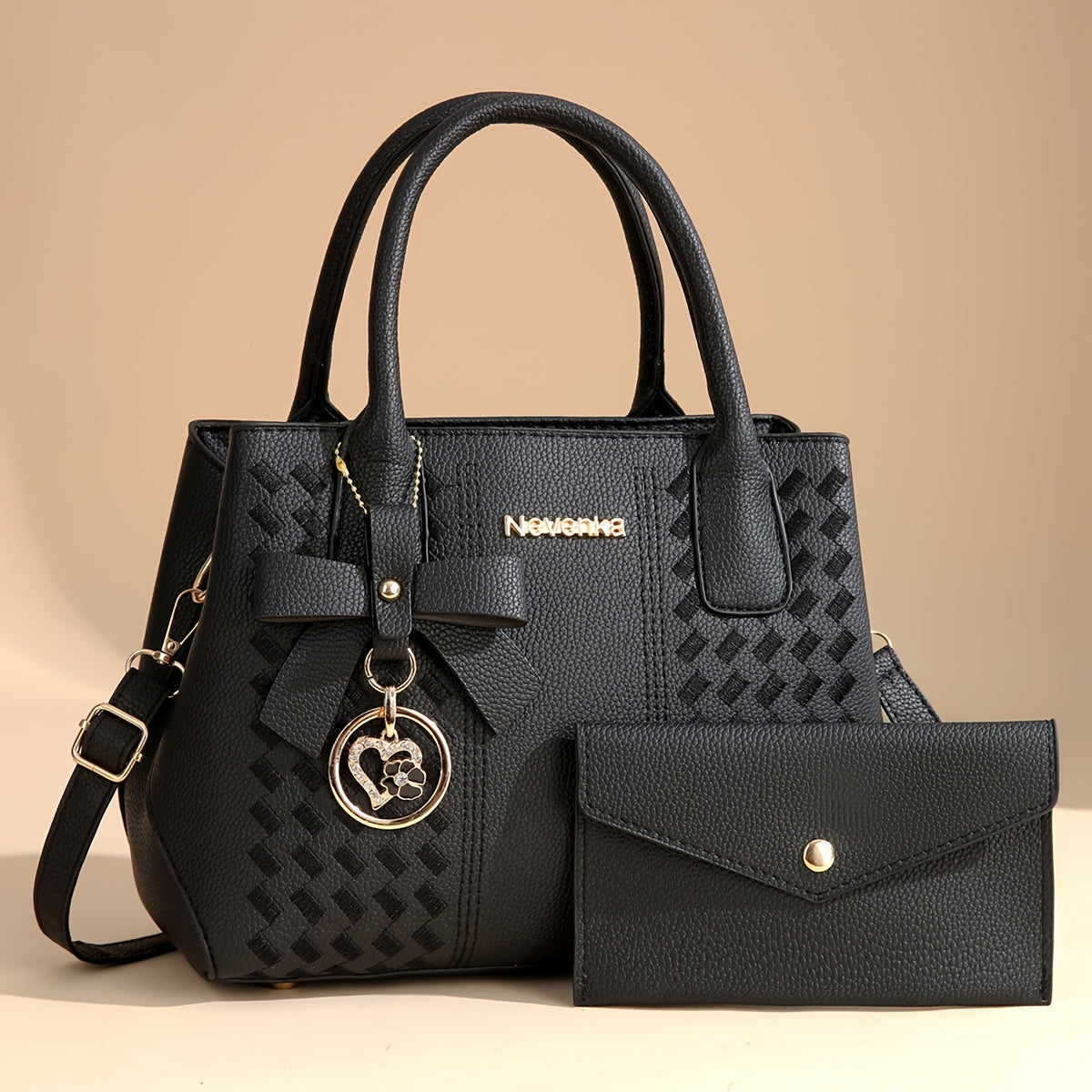 [Perfect Gift For Mom] CHROSGEKEIDI Women's Fashion Large Capacity Crossbody Bag Set - Detachable Strap, Zipper Closure, Polyester Lining, Elegant Black Handbag with Golden-Tone Hardware & Letter Embroidery, Perfect Gift for