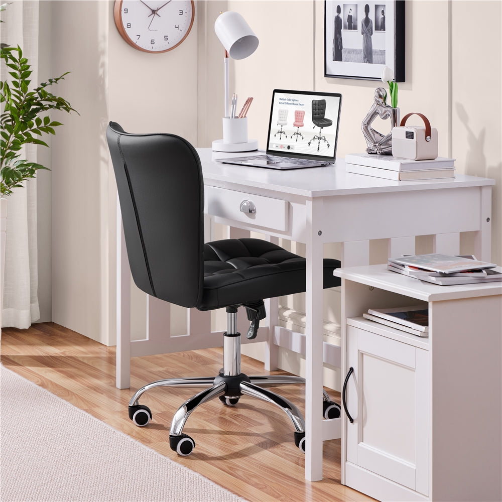 Costoffs Desk Chair, Mid Back PU Leather Office Chair with Padded Arms & Adjustable Seat Height, Modern Faux Leather Swivel Vanity Chair, Upholstered Computer Chair with 360° Swivel Vanity Chair for Home Office Workers, Remo