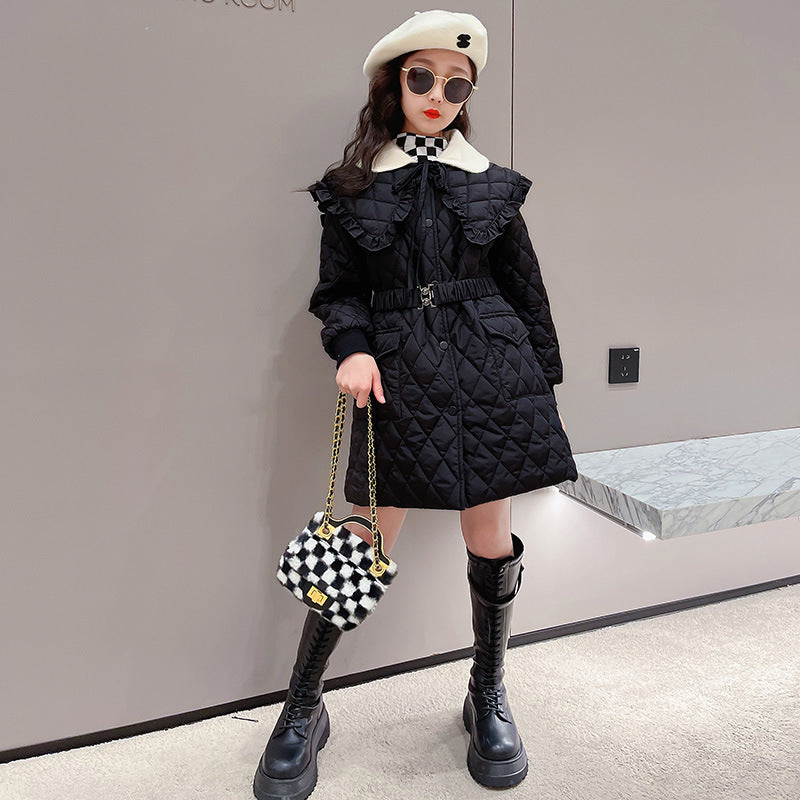 New Girl's Cotton Padded Clothes: New Style Westernized Double Collar Plush Diamond Cotton Clothes. Middle-Aged Warm Coat