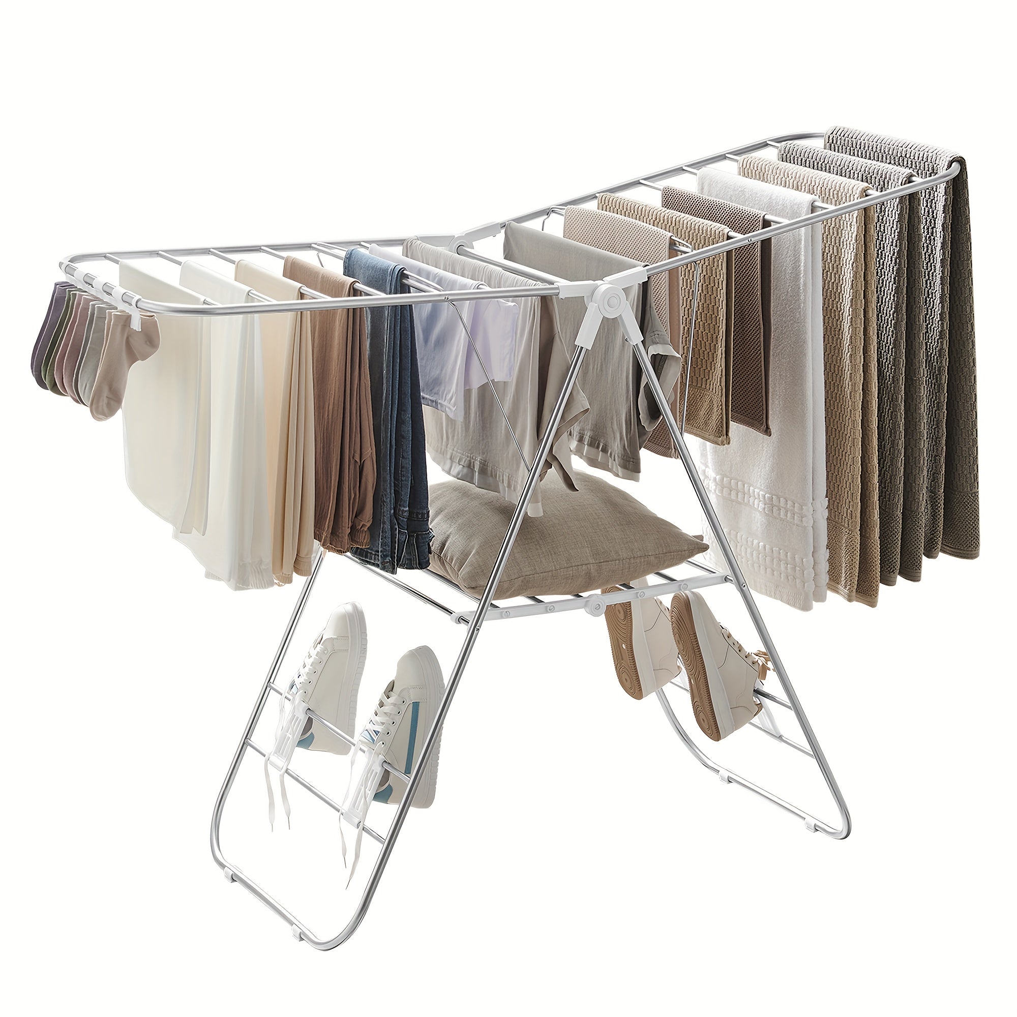 Heavy-Duty Steel Foldable Clothes Drying Rack with Height-Adjustable Wings & Free-Standing Design - Heavy-Duty Laundry Airer with Multiple Horizontal Bars, Space-Saving Indoor/Outdoor Clothes Dryer for Home, Apartment, Dorm,