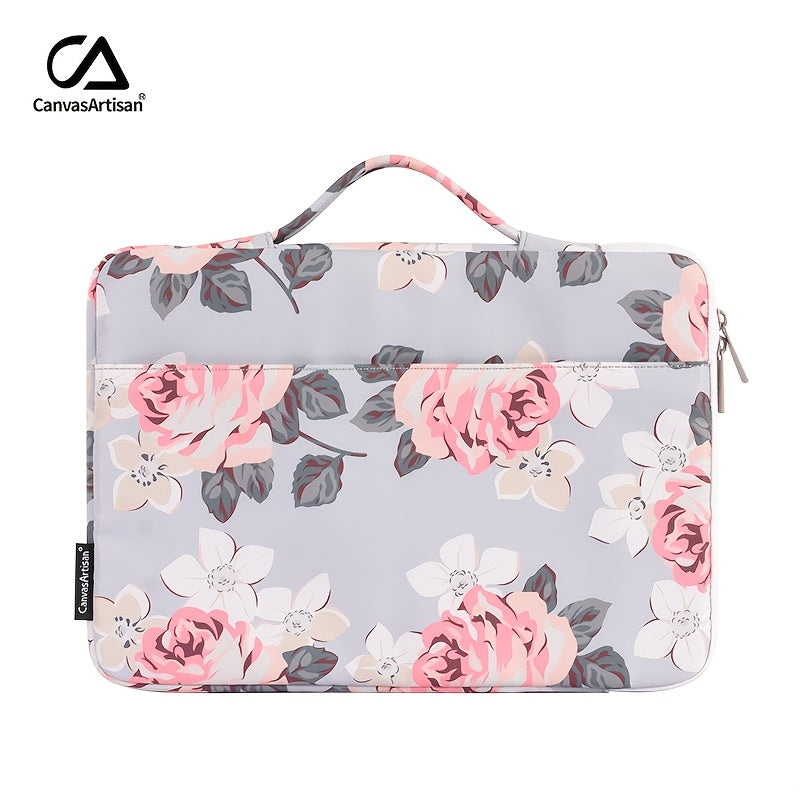 Canvas Artisan Floral Laptop Sleeve Case - Shockproof, Hand-Held Briefcase with Zipper Closure for MacBook, Acer, and More - Stylish Gray with Pink & Black Floral Design, Lightweight & Durable for Daily Commute, Vacation, or