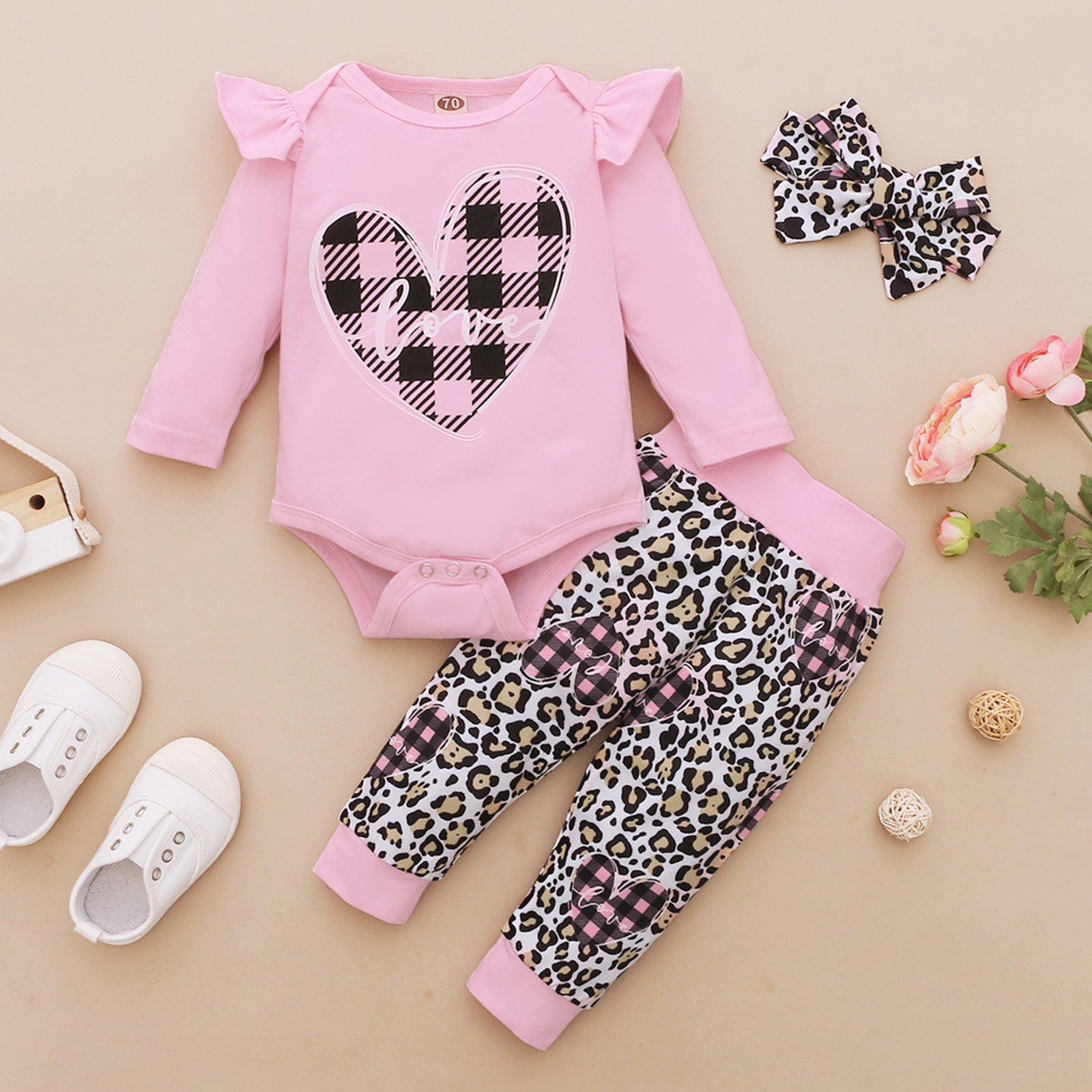 Uublik Girls Clothes Sets: Long Sleeve Casual Valentine's Day Hearts Romper Bodysuit, Leopard Pants, Headbands Outfits