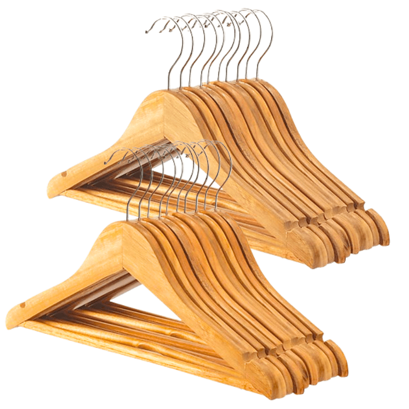 20=Pack Wooden Coat Hangers, Strong Hardwood Hanger for Coats, Jackets, Suits, Trousers, 360° Steel Swivel Hook, Trouser Bar, Shoulder Notches, Adult Hangers