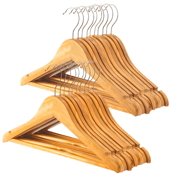 20=Pack Wooden Coat Hangers, Strong Hardwood Hanger for Coats, Jackets, Suits, Trousers, 360° Steel Swivel Hook, Trouser Bar, Shoulder Notches, Adult Hangers