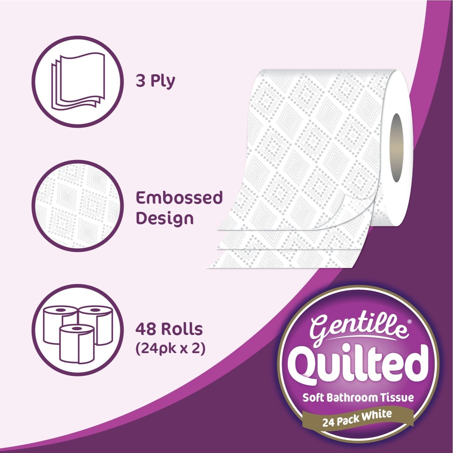 Gentille Quilted Bathroom Tissue 48 Rolls Luxury 3-Ply Toilet Paper Soft & Strong
