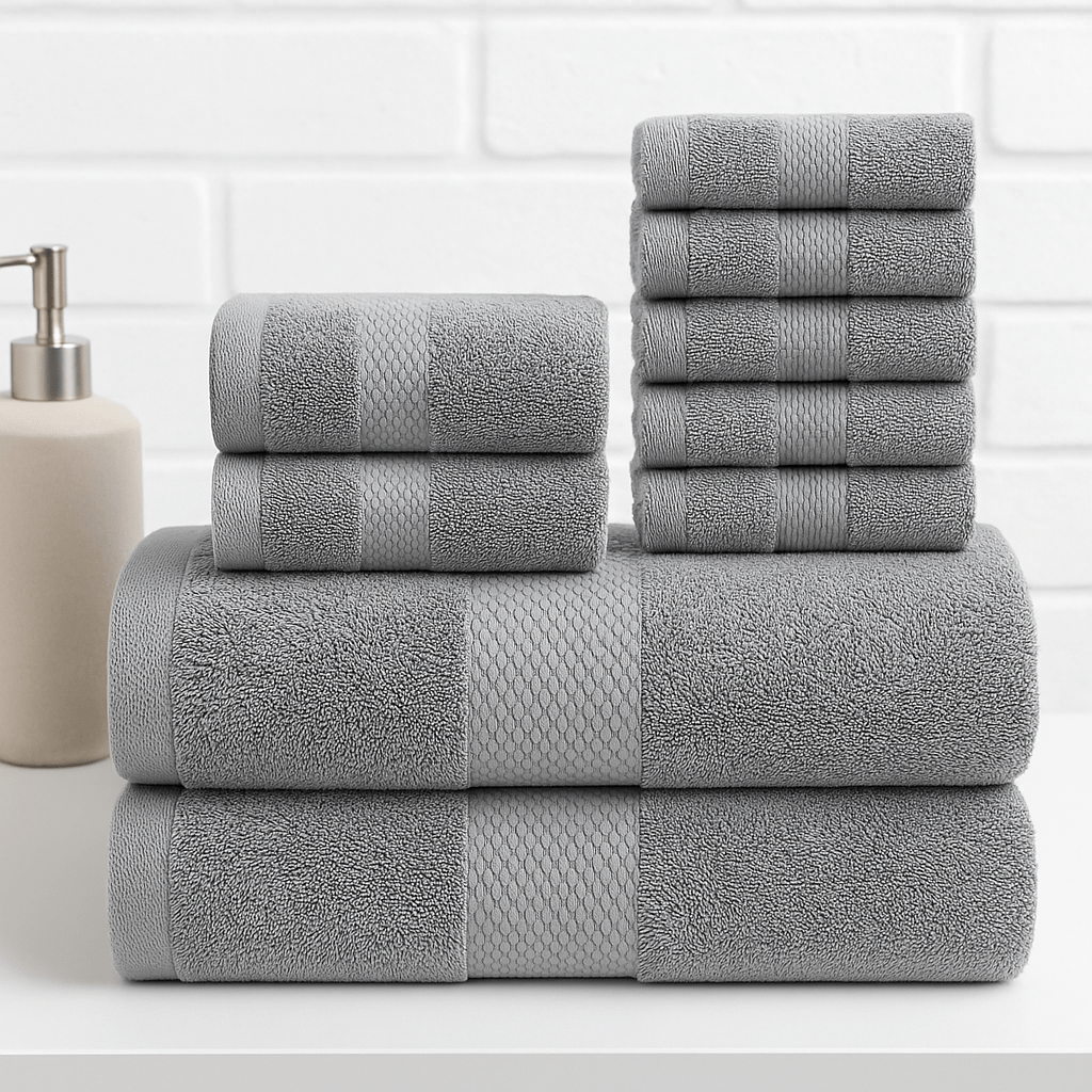 8Pack Towel Set Includes 4 Face Towels, 2 Hand Towels, and 2 Bath Towels 100% Cotton Super Soft Highly Absorbent & Durable Ideal for Bathroom Hotel Spa Gym Beach or Home Use Grey & Black