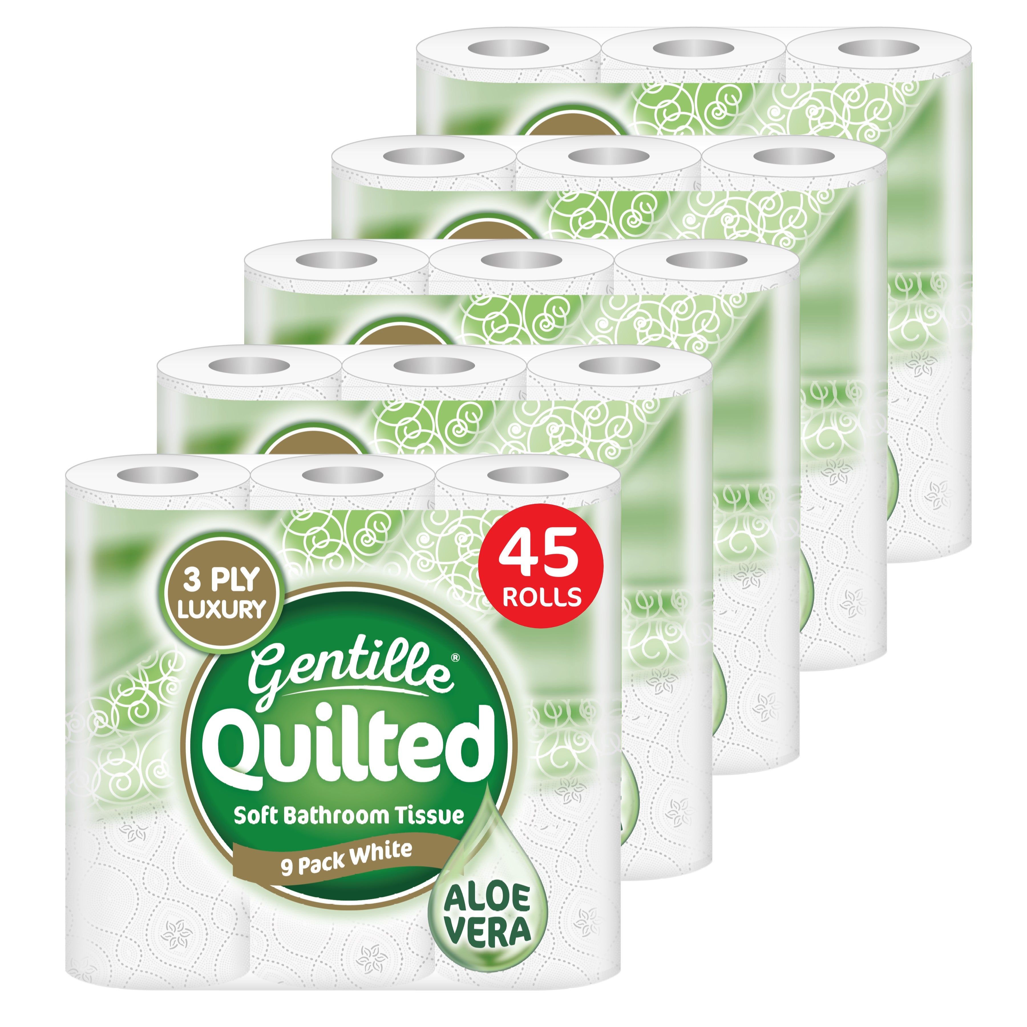 Toilet Tissue 45 rolls. Gentille Quilted Bathroom Aloe Vera Tissue Luxury 3-Ply Toilet Paper Soft, Strong & Responsibly