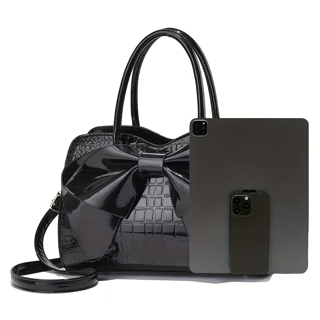 Gift for Mom Large Capacity Tote Bag with Crocodile Pattern and Bow Simple Fashion Women's Purse Thanksgiving Gift