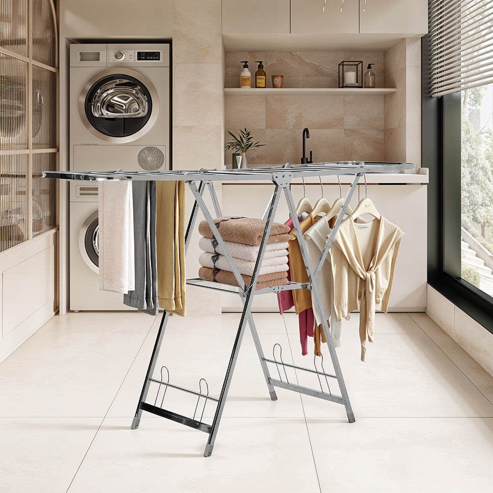 Staiinless Steel Folding Drying Rack, 2-Level Clothes Airer with Height Adjustable Wing, Freestanding Drying Rack for Clothes Socks Towels Shoes Quilts, Multifunctional Air Dryer, Foldable Wing Clothes Drying Rack, No Assembl