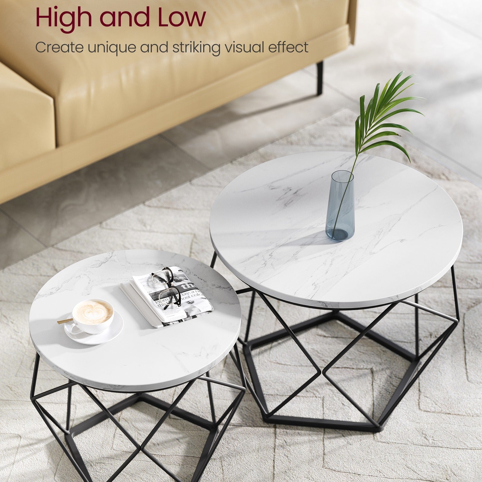 Small Round Coffee Table Set of 2, with Steel Frame, for Living Room, Bedroom, Office