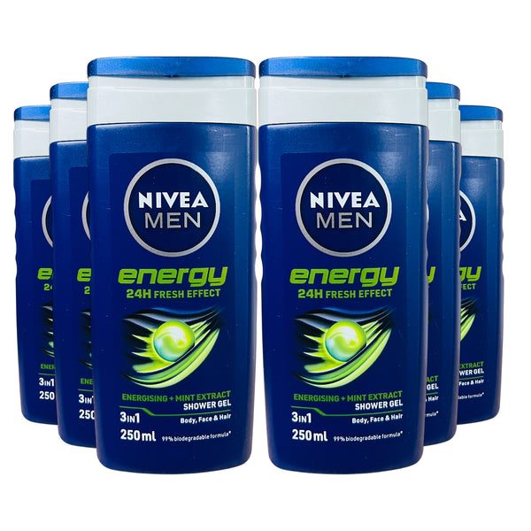 Nivea Men Energy 3-in-1 Shower Gel with Mint Extract, Body Face & Hair Wash, 250ml x 6 Pack