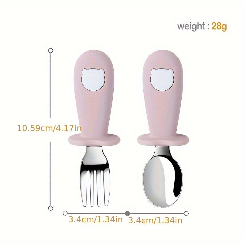 2 Set, Baby Toddler Silicone Stainless Steel Utensils Silverware, Mixed Color, Spoon Fork, for Baby Toddler, with Christmas Halloween Gifts