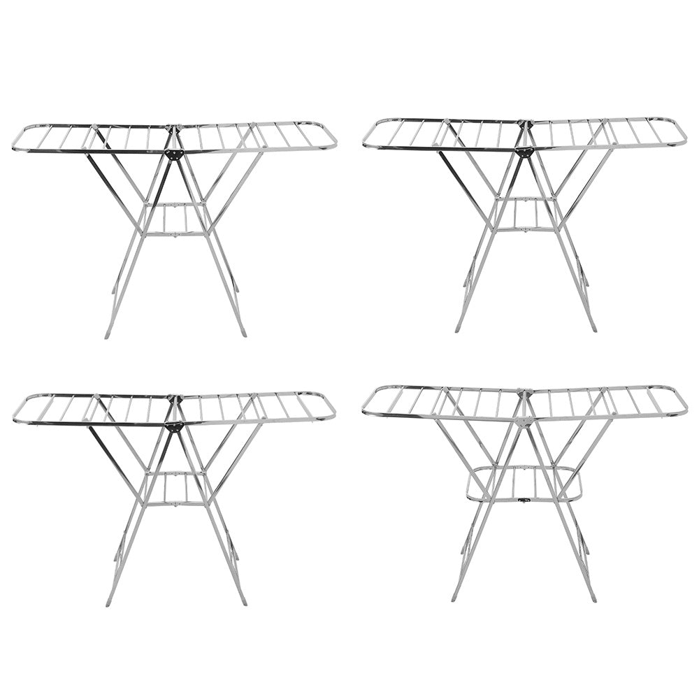 Staiinless Steel Folding Drying Rack, 2-Level Clothes Airer with Height Adjustable Wing, Freestanding Drying Rack for Clothes Socks Towels Shoes Quilts, Multifunctional Air Dryer, Foldable Wing Clothes Drying Rack, No Assembl