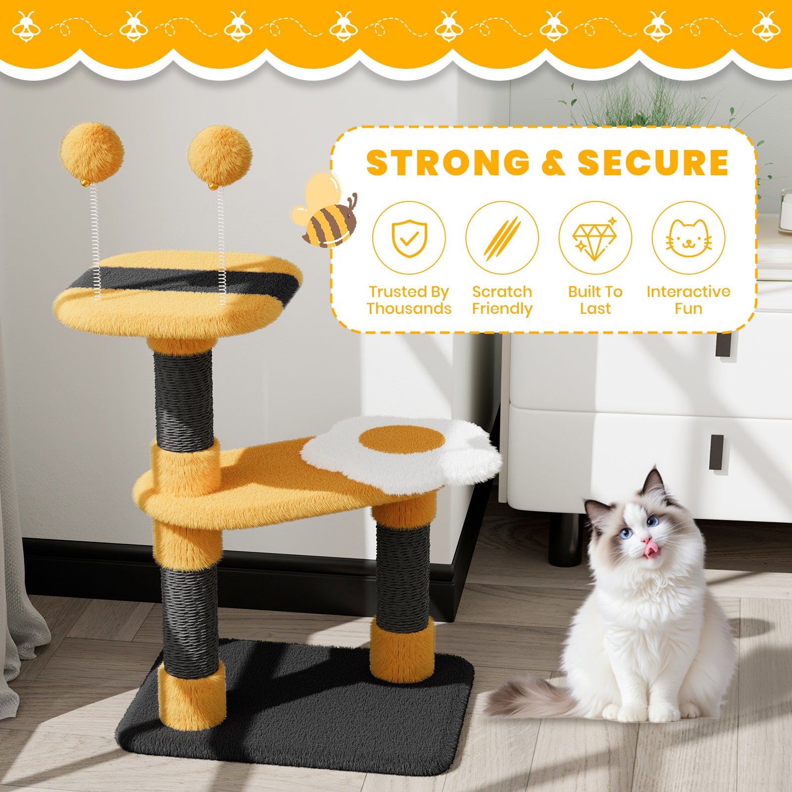 Dogat Bee - Themed Cat Tree with Scratching Posts, Interactive Kitten Furniture for Indoor Cats - Durable, Space - Saving & Easy to Assemble