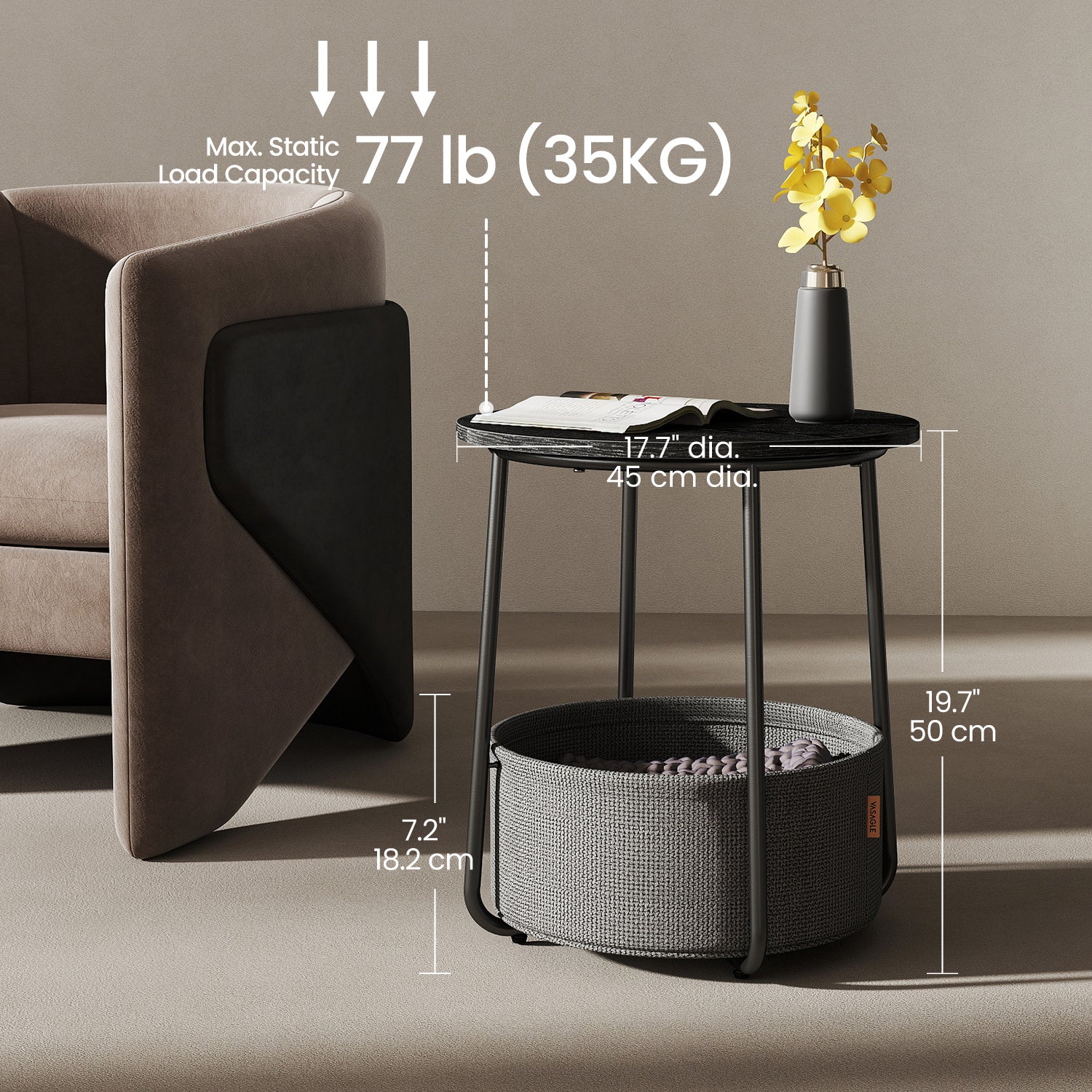 Side Table, Round End Table with Fabric Basket, for Living Room Bedroom, Bedside Table, Modern Style,Cream White,Laurel Green,Jelly Pink,Cement Grey,Ebony Black,Various colors