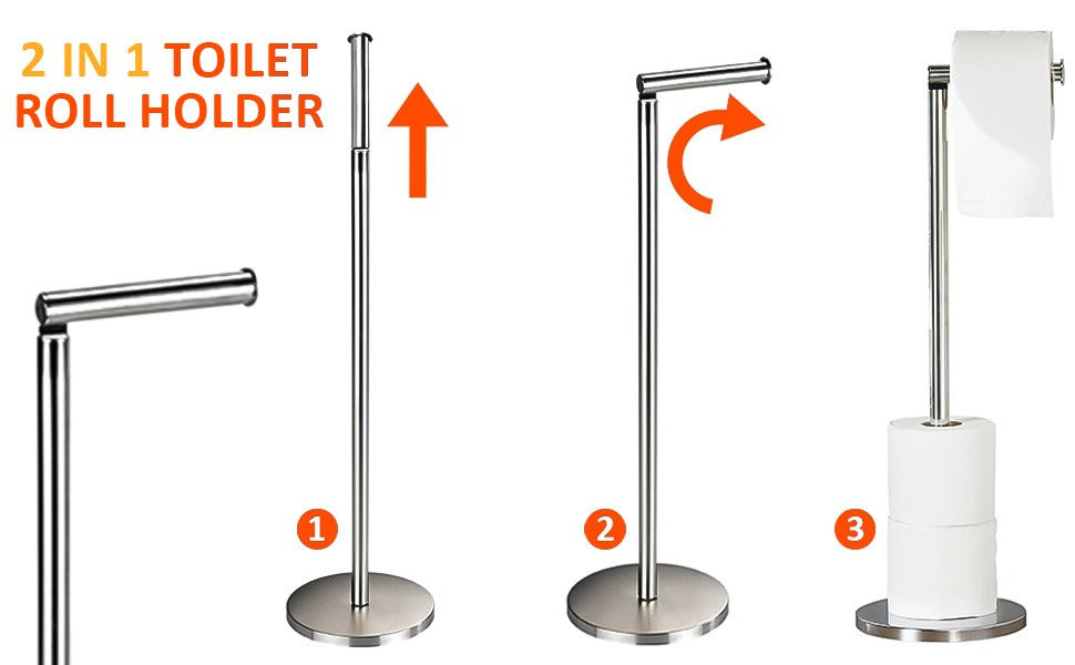 Toilet Roll Holder Free Standing - 2 in 1 Stainless Steel Toilet Paper Holder, Up to 5 Toilet Roll Storage - No Drill Toilet Roll Stand