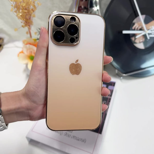 Golden Electroplated iPhone Case with Apple Design – Full-Coverage Frosted Tempered Glass Protection for iPhone 11–18 Series, Dirt-Resistant