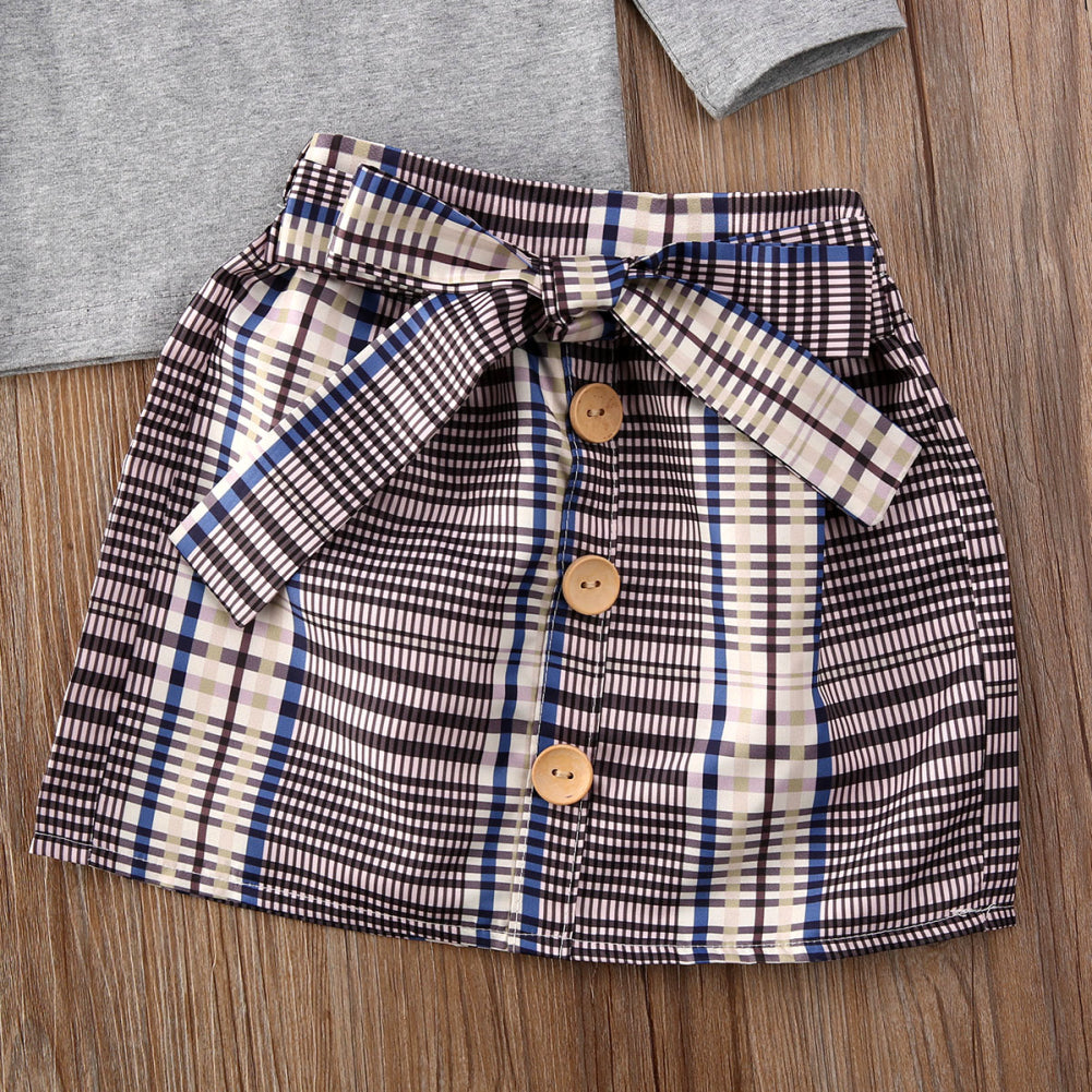 Toddler Baby Girl Fall/Winter Clothes: Crew Neck Solid Knit Pullover Tops, Plaid Button Mini Skirts