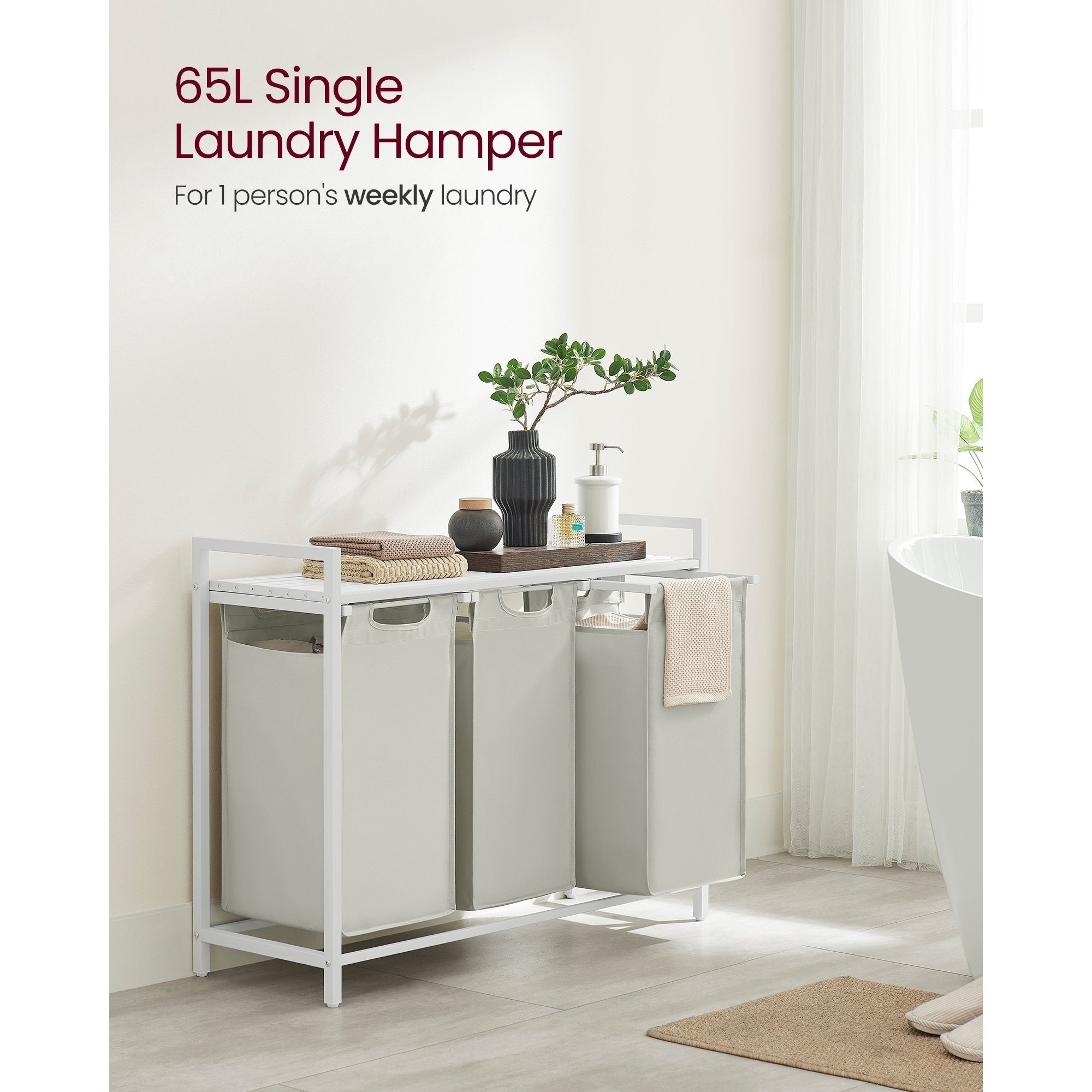 Laundry Basket, 3-Compartment Laundry Hamper, Freestanding Clothes Hamper, Laundry Bag Stands Up Well, Removable Laundry Bags, Laundry Sorter, Shelf, Metal Frame, 3 x 38 L, Black/White/Grey