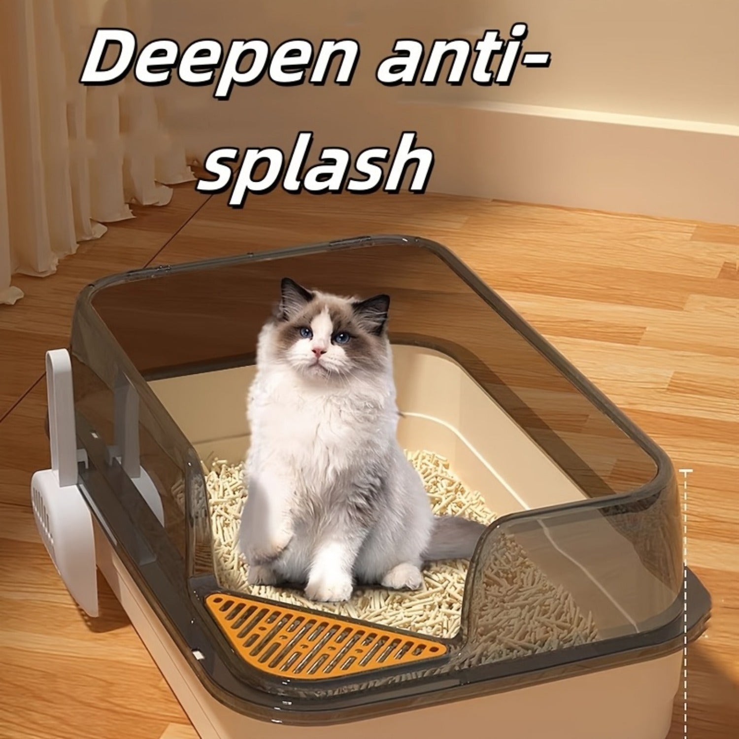 Extra Large Half-Closed Cat Litter Box with High Fence - Durable PVC, 24" x 15.9" x 6.3" - Includes Scoop - Ideal for Multi-Cat Families, Pet Litter Box