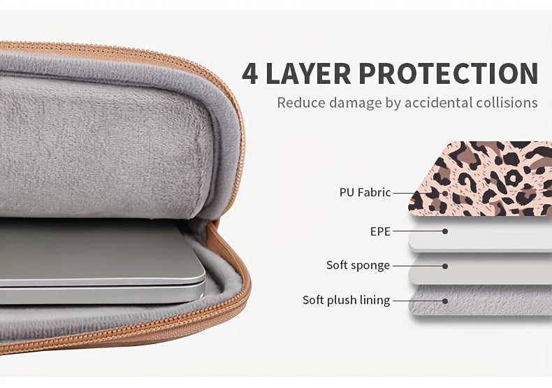Leopard Print Shockproof Laptop Bag with Zipper Closure - Durable PU Cover, Compatible with MagicBook & Matebook, Spacious Design, Casual Style, Lining, Perfect for Daily Commute &