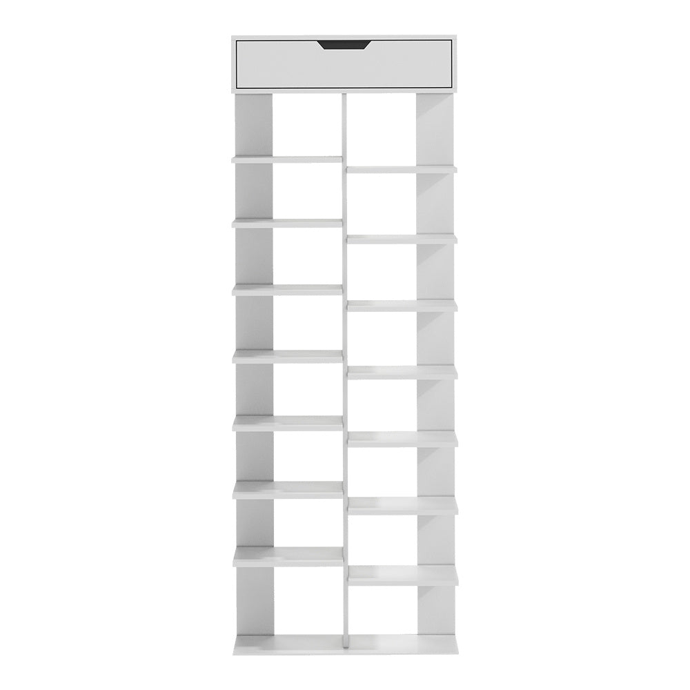 9 Tiers Wooden Shoe Rack, Vertical Slim Shoe Storage Rack Organizer Shoe Stand Shelf, Free Standing Storage Shoe Cupboard with 1 Big Drawer, Space Saving Narrow Shoes Storage Tower Shoe Holder Organizer Unit for Living Room,