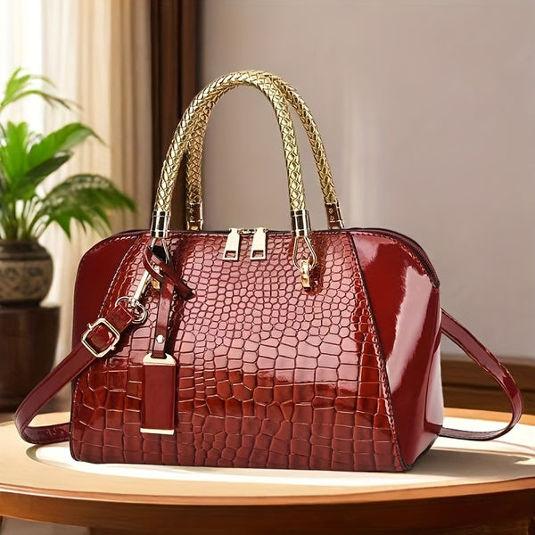 Women'S Elegant Handbag with Detachable Strap & Golden-Tone Hardware - Glossy Crocodile-Texture Synthetic Handbag, Spacious Tote for Everyday Use, Golden-Tone Hardware & Zipper Closure, Designer Handbags