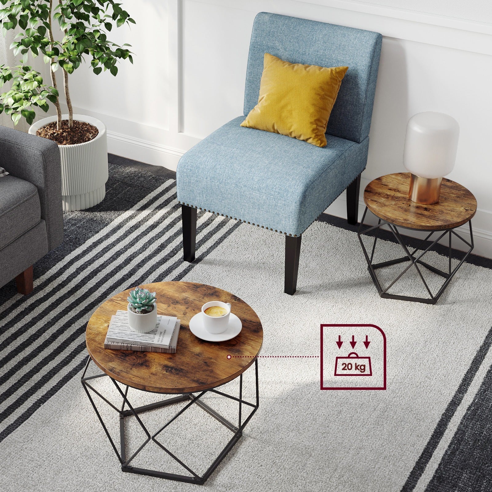 Small Round Coffee Table Set of 2, with Steel Frame, for Living Room, Bedroom, Office