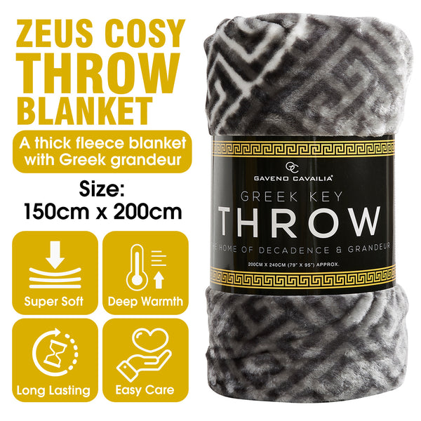 Luxury Mink Fleece Throw Blanket 150x200cm | Soft Fluffy Thermal Warm Cosy Lightweight Sofa Couch Bed Throw Greek Key Border Design | Plush Comfort Decorative Lounge Blanket Ideal for Living Room Bedroom Travel Gift Use Suita