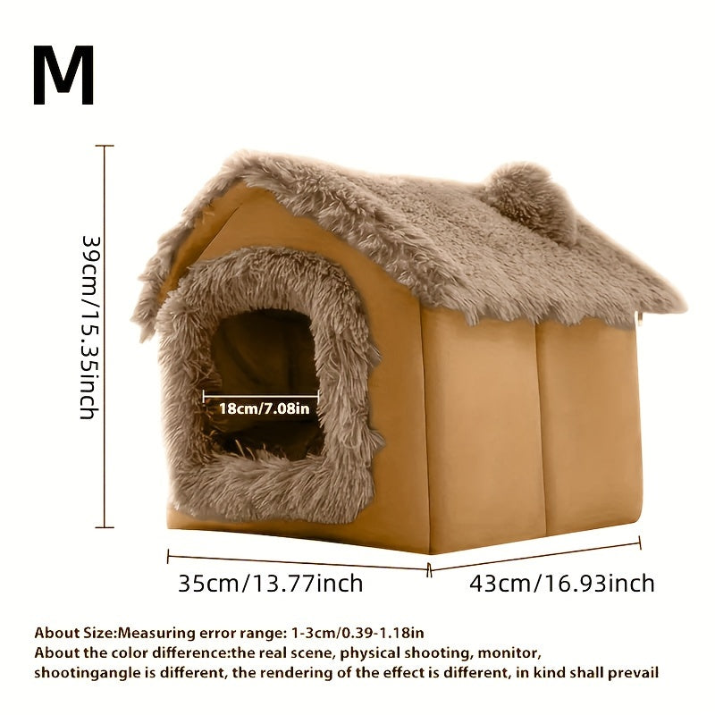 Four-season Comfortable Plush Pet Bed for Cats and Dogs with Removable Non-slip Bottom, Semi-enclosed Cat House