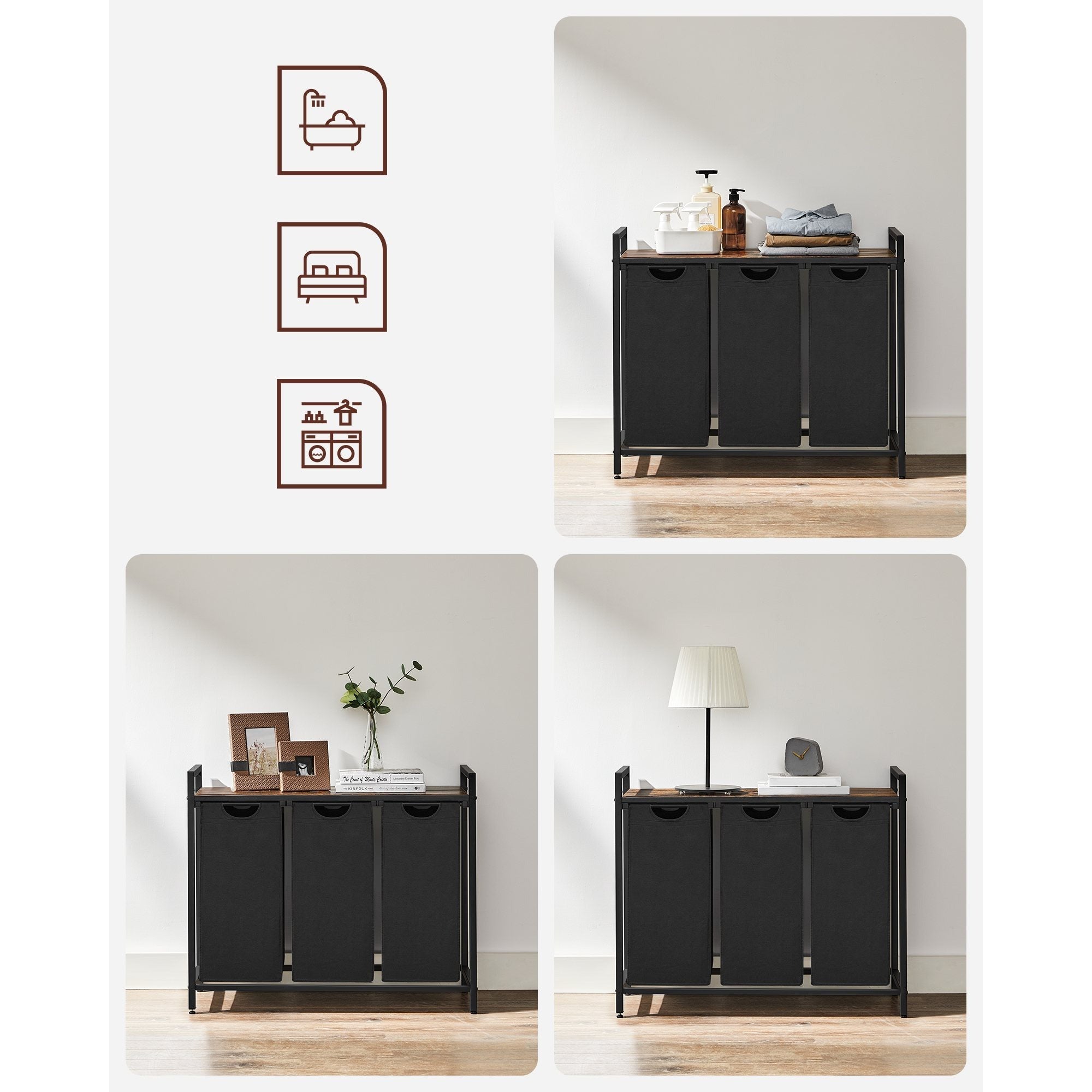 Laundry Basket, 3-Compartment Laundry Hamper, Freestanding Clothes Hamper, Laundry Bag Stands Up Well, Removable Laundry Bags, Laundry Sorter, Shelf, Metal Frame, 3 x 38 L, Black/White/Grey