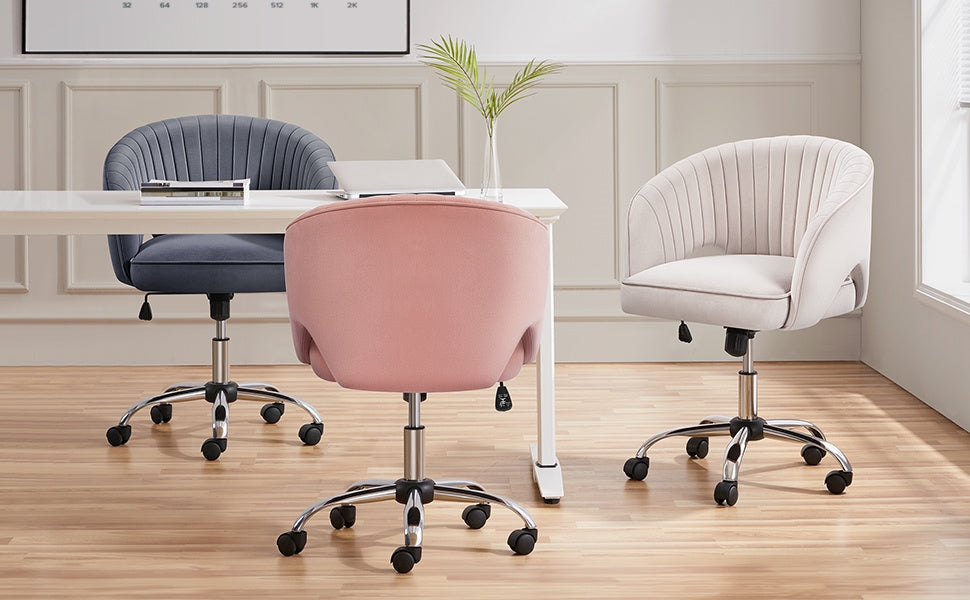 Costoffs Velvet Office Chair Tufted Desk Chair with Height Adjustable Seat, Swivel Barrel Accent Chair with Rolling Wheels for Home Office, Pink/White/Cream/Dark Grey/Light Grey