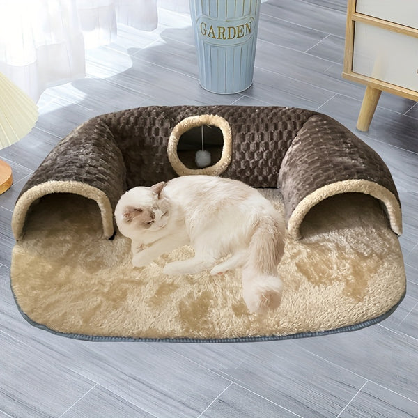 2-in-1 Non-Slip Cozy Cat Play Tunnel & Bed - Soft Polyester Fiber Fill, Easy Install Pet House
