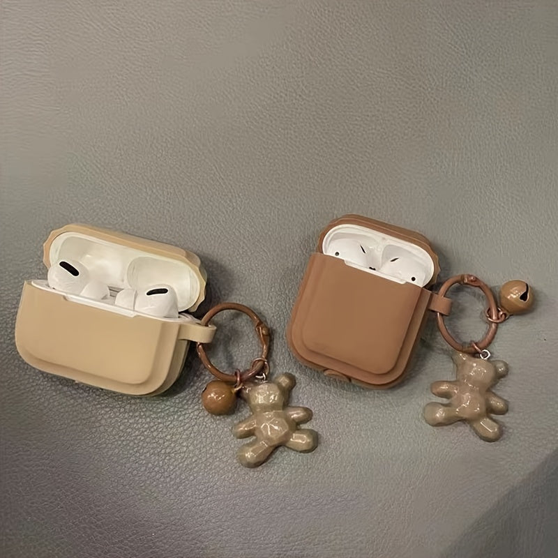 Caramel Khaki Earphone Case with Bear Pendant – Stylish Cover for AirPods 1/2/3 & Pro