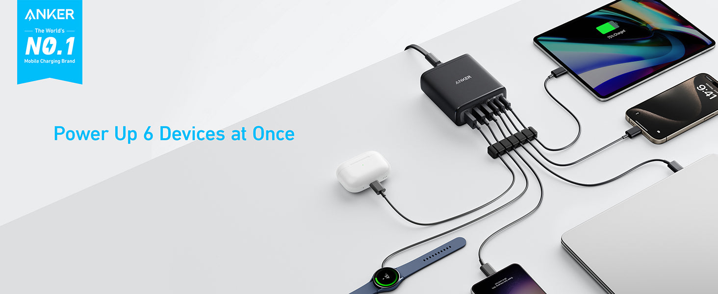 Anker USB C Charger, 6 Port Charging Station with 112W Power, for iPhone 17/16/15/14/13/12 Series, MacBook, Galaxy, iPad, and More (Cable Included)