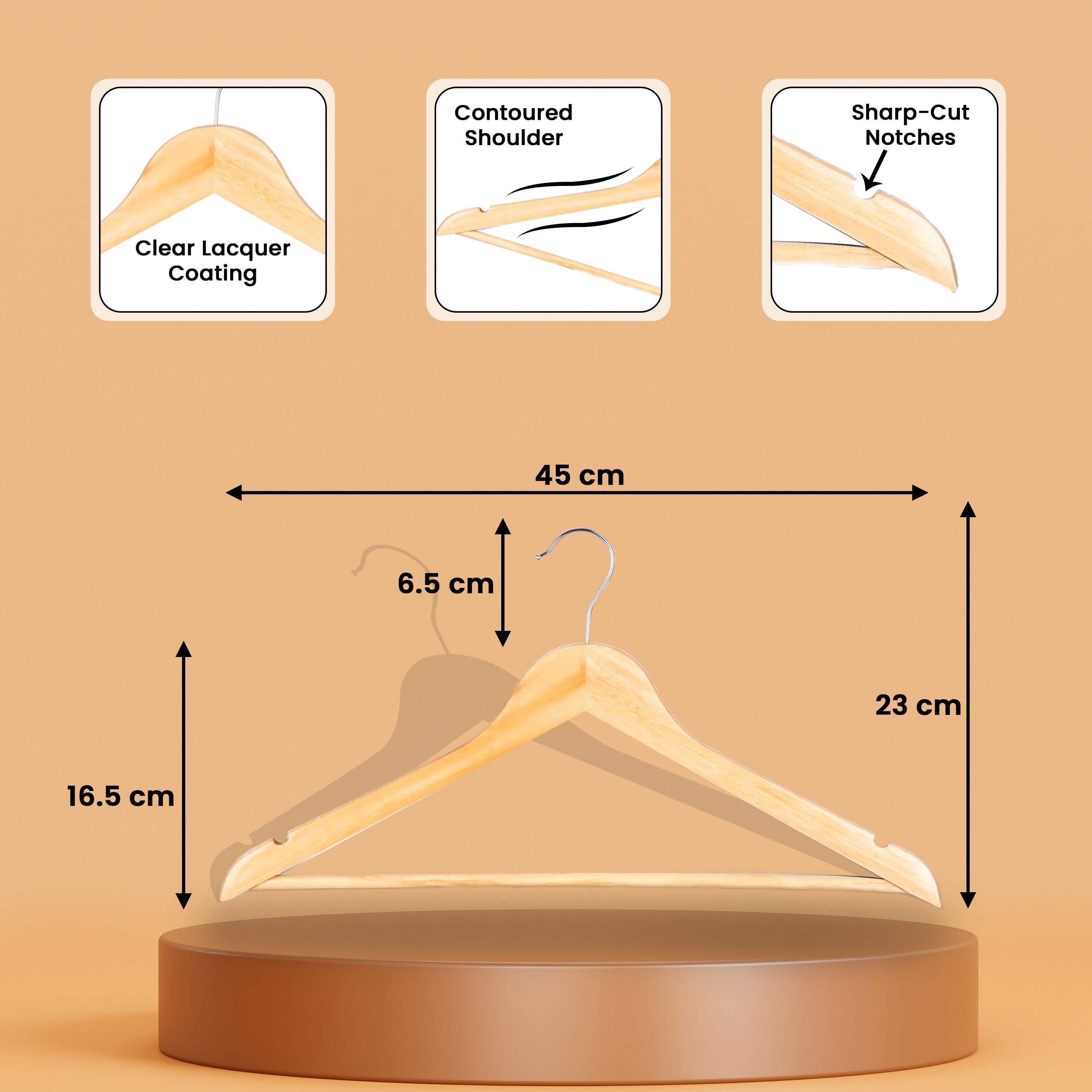 20=Pack Wooden Coat Hangers, Strong Hardwood Hanger for Coats, Jackets, Suits, Trousers, 360° Steel Swivel Hook, Trouser Bar, Shoulder Notches, Adult Hangers