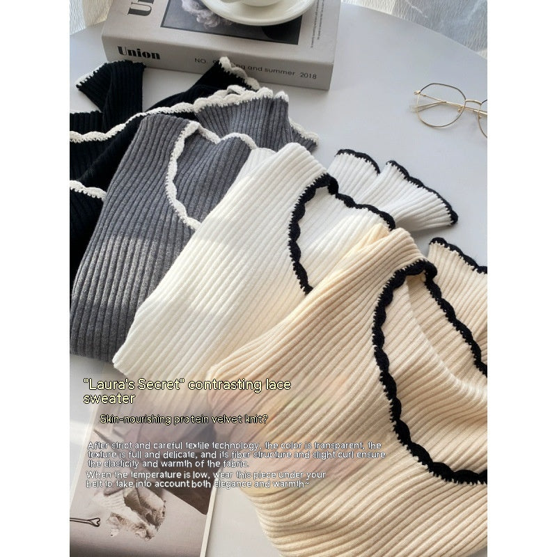 French Style Classic Style Bell Sleeve Wooden Ear Knitted Sweater