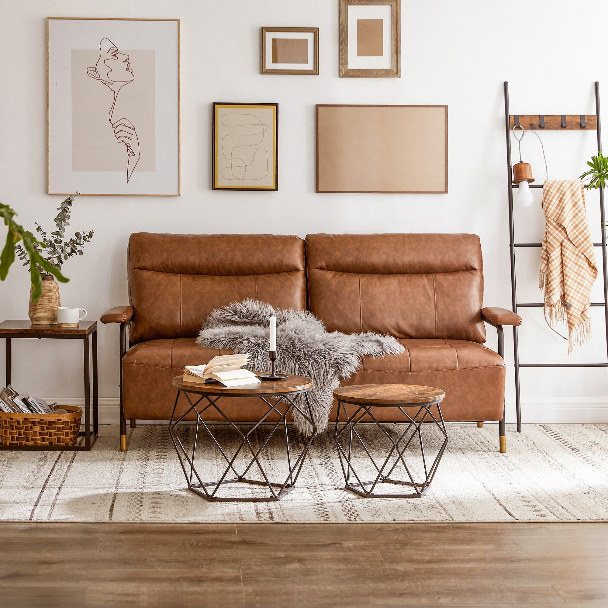 Small Round Coffee Table Set of 2, with Steel Frame, for Living Room, Bedroom, Office