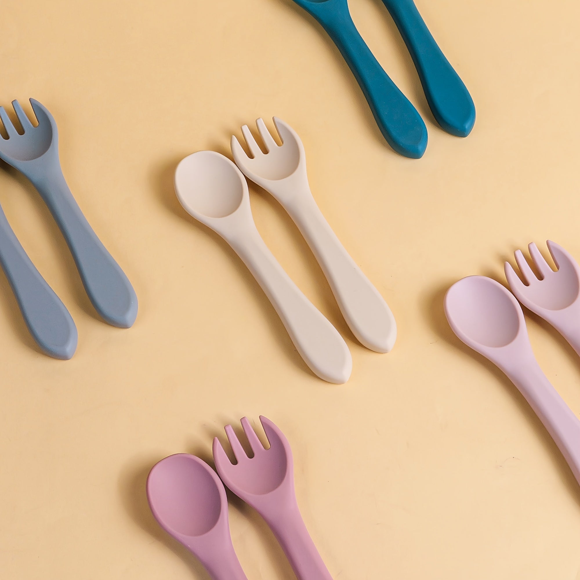 TYRY.HU Customizable Baby Fork and Scoop Sets, 100% Silicone, BPA FREE, Toddler Baby Led Weaning Silverware Cutlery Flatware, Kids First Self Feeding, with Blue, Beige, Space Gray, Deep Pink, Green and Pink Options, for Newbo