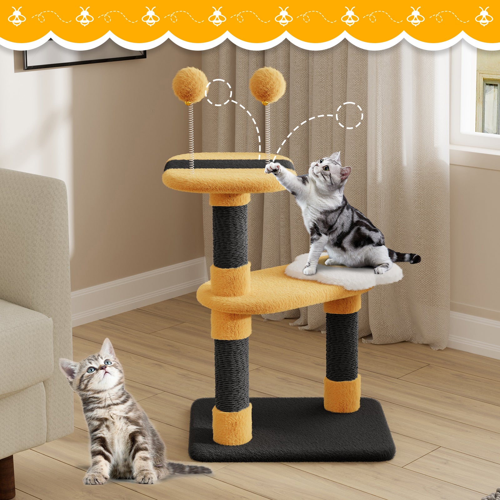 Dogat Bee - Themed Cat Tree with Scratching Posts, Interactive Kitten Furniture for Indoor Cats - Durable, Space - Saving & Easy to Assemble