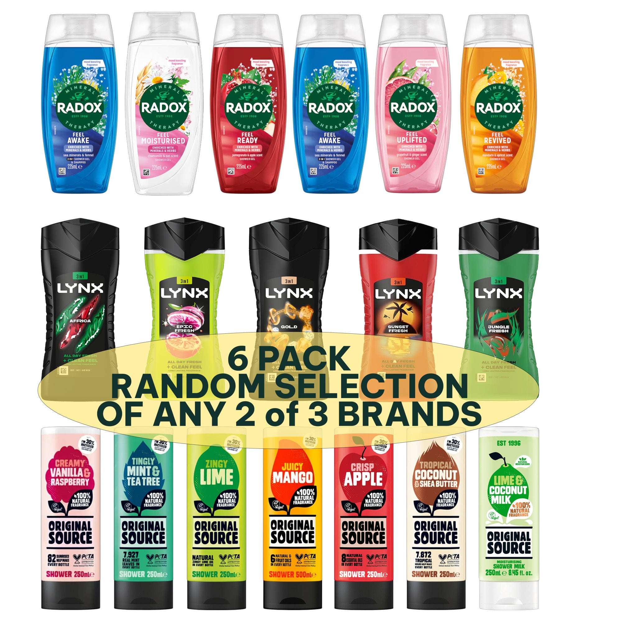 6 Pack Shower Gel Bundle – 2 of Each Brand: Radox 225ml, Lynx 225ml & Original Source 250ml