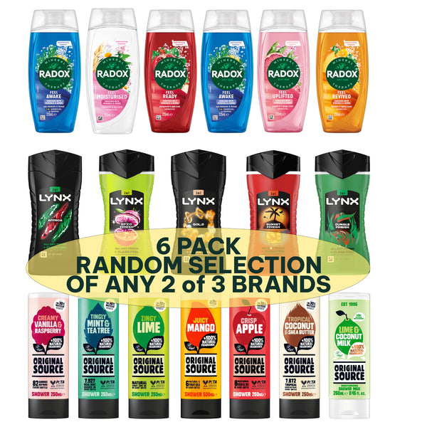 6 Pack Shower Gel Bundle – 2 of Each Brand: Radox 225ml, Lynx 225ml & Original Source 250ml