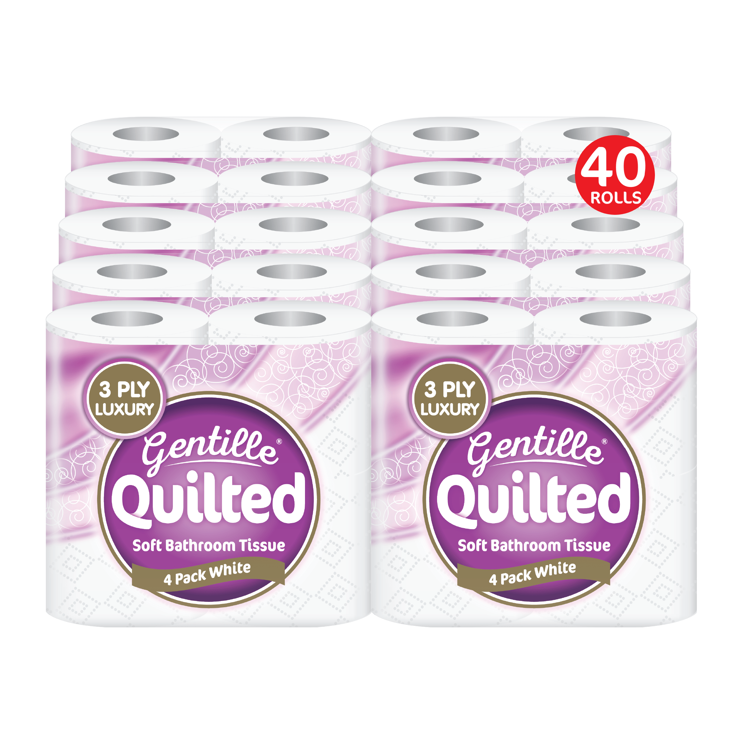 Gentille Quilted Bathroom Tissue Luxury 3-Ply Toilet Roll Super Soft Paper Gentile on Skin, Strong, Embossed 40 Rolls Affordable Bulk Buy Great Value 10 x 4 packs Responsibly sourced