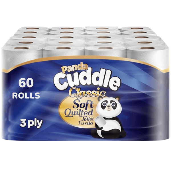 Panda Cuddle 3-Ply Toilet Tissue 60 Rolls Classic Soft Quilted - 12 x 5 Rolls (Total 60 Rolls) Super Soft Luxuriously Quilted