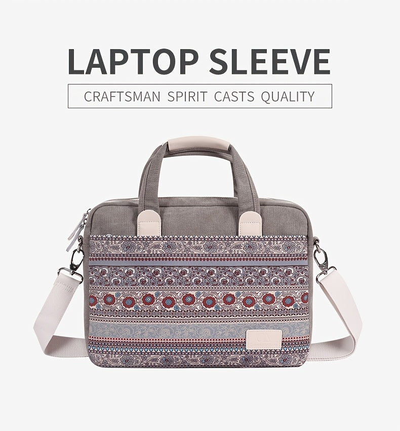 Canvas Artisan Shockproof Laptop Briefcase - Gray Canvas with Colorful Mandala Pattern, Adjustable & Detachable Shoulder Strap, Zip Closure, Polyester Lined for Business, Travel & Daily Commute, Laptop Bag