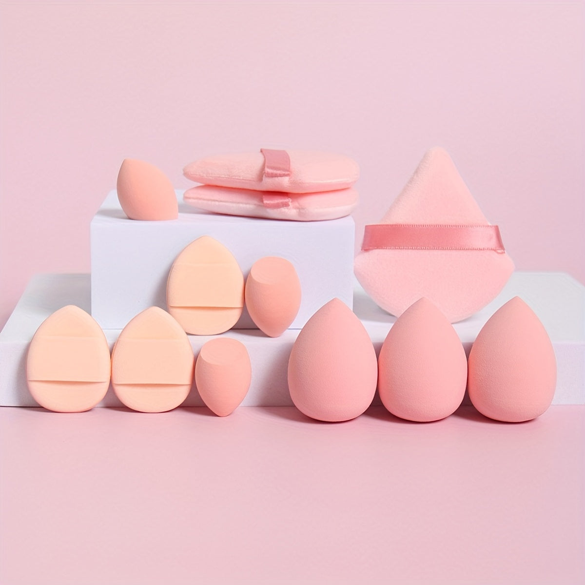 All-in-one 12pack/8pack makeup sponge set, consisting of 3 loose powder puffs, 3 mini air cushion puffs, 3 makeup sponges and 3 mini makeup sponges /or makeup puff& brush 8pcs set. Does not contain latex, does not easily eat