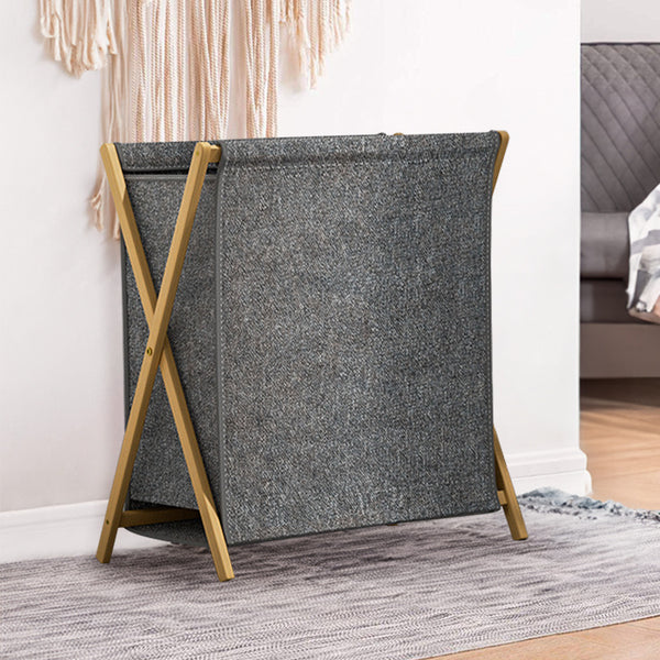 1-Pack Japanese-Style Foldable Laundry Hamper - Collapsible Dirty Clothes Basket with Bamboo Frame, Grey Linen Fabric Storage Bin for Washing Machine, Bathroom, Bedroom | No-Lid Design, Space Saving & Breathable