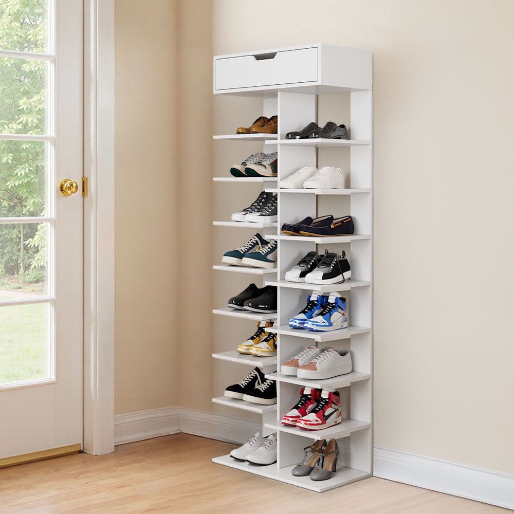 9 Tiers Wooden Shoe Rack, Vertical Slim Shoe Storage Rack Organizer Shoe Stand Shelf, Free Standing Storage Shoe Cupboard with 1 Big Drawer, Space Saving Narrow Shoes Storage Tower Shoe Holder Organizer Unit for Living Room,
